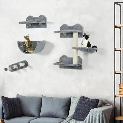 Produktbild von Katzen Kletterwand Set 4-teilig wandmontiert, Wandkratzbaum Hängematte Kratzbrett Plattform, Sisal Plüsch, Grau | 40x28x73 cm | 10,3 kg