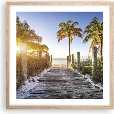 Produktbild von Gerahmtes Poster - Rahmen in heller Eiche - Strand Palmen Fußgängerbrücke - 50x50 cm - Wand Bild - Wanddeko - Wandbilder - Wandposter - Bilderrahmen - Bilder - Kunstdruck - Wandbild - P2NAC50x50-4171