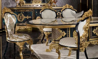 Produktbild von Schwarz-Goldenes Esszimmer Set Essgarnitur Holz Möbel Esstisch 5tlg Neu