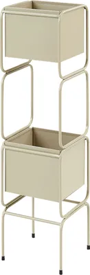 A beige metal plant stand with two tiers, shown against a white background.