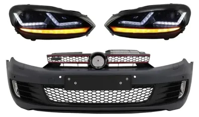 Imagen del producto de Parachoques delantero para VW Golf 6, modelo 08-13, con diseño GTI, faros LED Osram y actualización a tecnología Xenon.