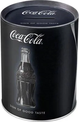 A cylindrical Coca-Cola money box with the brand logo and a depiction of a Coca-Cola bottle.