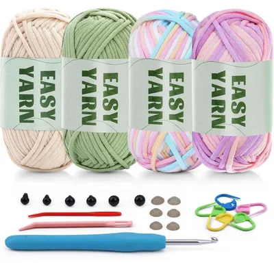 Produktbild von Häkelgarn Set 4 x 50g Dickes Baumwollgarn für Anfänger (Beige, Hellgrün, Rosa, Hellviolett) inkl. Zubehör