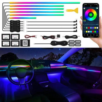 Immagine prodotto di Illuminazione interna per auto a LED con controllo tramite app, tecnologia RGBIC, 14 colori in 1, lunghezza di 175 pollici, 593 LED, effetti luminosi sincronizzati con la musica