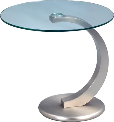 A modern side table with a glass top and a curved metal base.