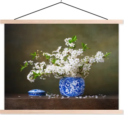 Produktbild von MuchoWow® Textilposter Sakura - Vase - Stilleben 120x90 cm mit holzfarbenen Rahmen - Magnetisch