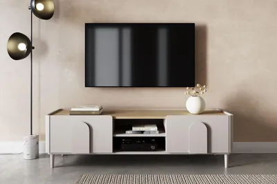 Zdjęcie produktu dla Szafka RTV 170 cm kaszmir z szufladą na nóżkach dąb olejowany Amilio półki