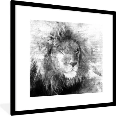 Produktbild von MuchoWow® Gerahmtes Poster Löwe - Zeitung - Schwarz - Weiß 40x40 cm - Poster mit Schwarzem Bilderrahmen Wandposter Rahmen Foto Bilder - Poster - Plakat im Rahmen