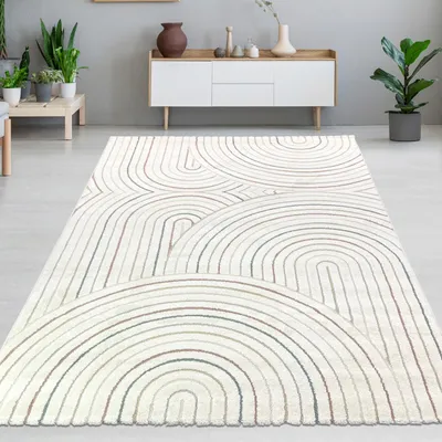 Produktbild von Teppich im stilvollen Bogenmuster in Beige mit bunten Streifen Größe - 160 x 230 cm