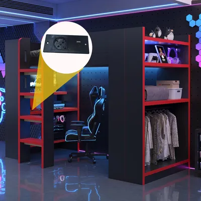 Produktbild von okwish Hochbett 90×200 mit Schreibtisch,Regal und Kleiderstange,Jugendbett mit LED und Steckdose,Holzbett Schwarz,ohne Matratze