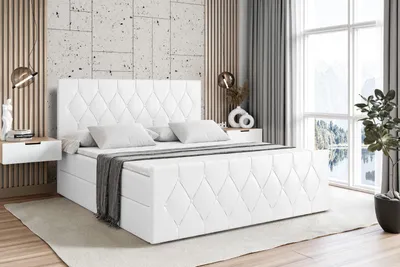 Produktbild von ALTDECOR Boxspringbett mit Matratze und Lattenrost  -  - VELANTO  - 180x200 cm Weiß Kunstleder - Boxbett, Fußteil, Topper, Polsterbett mit Bettkasten, Bett mit Stauraum H3 -Matratze, Doppelbett, Springboxbett