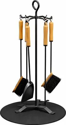 Produktbild von BLACK OAK Kaminbesteck ST. MORITZ 6-teilig – Ofenbesteck schwarz mit Holzgriff & Ständer