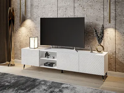 Produktbild von TV-Schrank GEORGIA Weiß / Weiß hochglanz Beine Schwarz + Gold