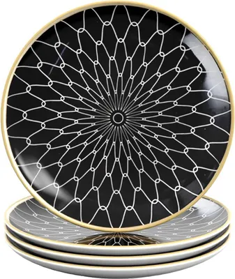 Obrázok produktu pre Intirilife 4x porcelánový tanier vzor Connected - čiernobiely - priemer 15,3 cm - tanier na raňajky tanier na dezert tanier na šalát ovocie cestoviny dezert hlavné jedlo a občerstvenie