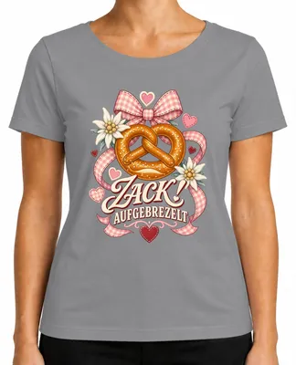 Produktbild von Zack! Aufgebrezelt Brezel Edelweiß Trachtenshirt Lederhose Dirndl Damen T-Shirt, Grau, XL