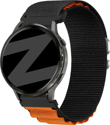 Produktbild von Bandz Nylonband 'Alpine' (22mm) - Geeignet für Garmin Vivoactive 4 / Garmin Venu 2 / Garmin Venu 3 / Garmin Forerunner 255 / Garmin Forerunner 265 / Garmin Forerunner 570 - 47mm / Garmin Venu 4 - 45mm - Schwarz/Orange