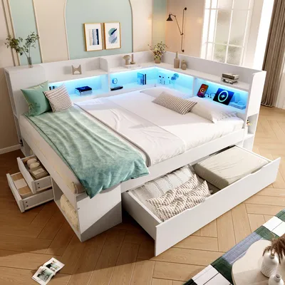 Image de OKWISH Lit Banquette Double Ado 140x200 cm - Lit avec Rangement, Étagères et Éclairage LED, Ports USB, Bois Blanc, Sans Matelas