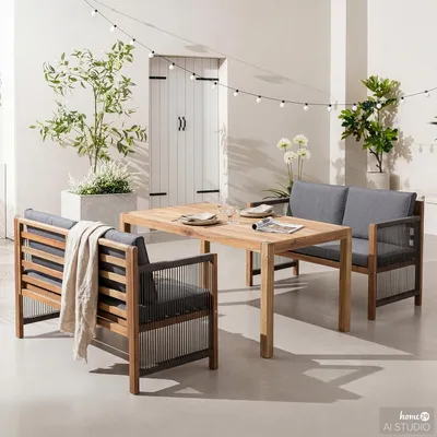 Produktbild von home24 Dining-Loungeset - 3-teilig - Akazie Massiv / Polyester - Braun / Grau