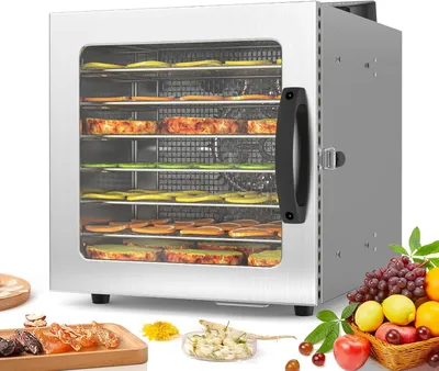 Obrázek produktu pro Sušička potravin z nerezové oceli, dehydrator, rozsah teplot 30-90 °C, 24hodinový časovač, sušička potravin, masa, ovoce, zeleniny, sušička ovoce