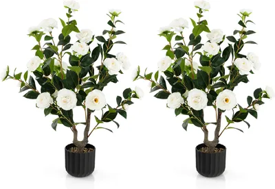 Image de COSTWAY Arbre artificiel 2 avec 24 fleurs, camélia artificiel en pot 95cm, blanc