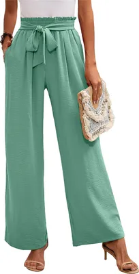 Image de ASKSA Pantalon femme jambes larges Taille haute Pantalon décontracté léger avec poches, Vert clair, Taille : XL