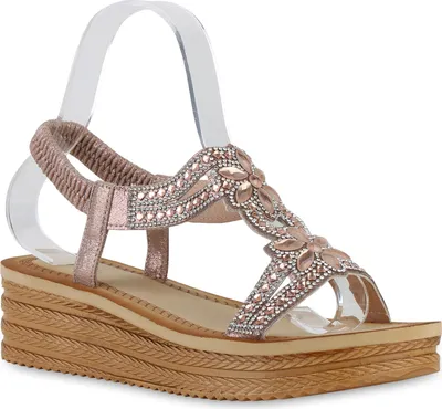Produktbild von VAN HILL Damen Sandaletten Keilsandaletten Keilabsatz Strass Cut-Outs Schuhe 840249, Farbe: Rose Gold, Größe: 36
