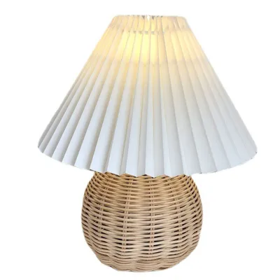 Produktbild von Kleine Tischlampe, Nachttischlampe, Mini-Lampe für Schlafzimmer, Wohnzimmer, Beistelltisch, Rattan, plissiert, ästhetisch, Vintage-Stil