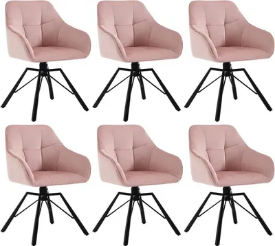 Six pink velvet swivel chairs with black metal legs are arranged in two rows of three against a white background.