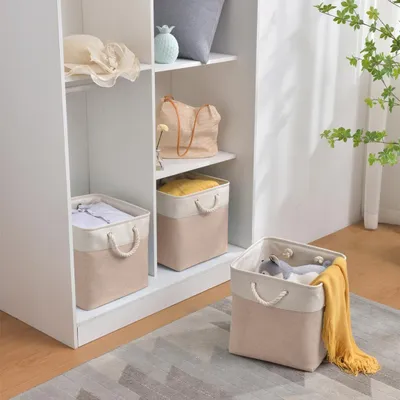 Produktbild von Aufbewahrungskörbe für Kleidung und Spielzeug - Set von 3 faltbaren Boxen (Beige/Weiß)