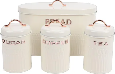 Produktbild von Creme 4-teiliges Brotkasten- und Kanister-Set aus Eisen für die Küche, Kaffee, Tee, Zucker, Metall für die Aufbewahrung auf der Arbeitsplatte