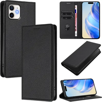 Produktbild von Litchi Leder Handyhülle für iPhone 11 Wallet Kartenfächer Standfunktion Hülle Schwarz