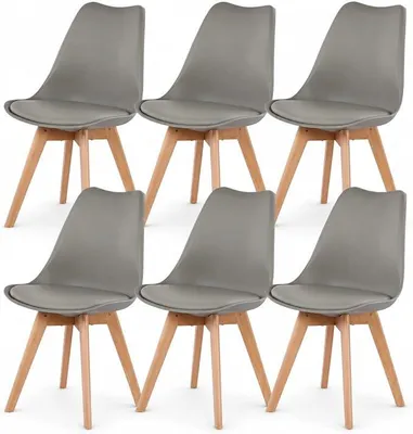 Image de Ensemble de 6 chaises de salle à manger avec pieds en bois massif de hêtre, design rétro, rembourrées, pour cuisine, en bois, de couleur grise