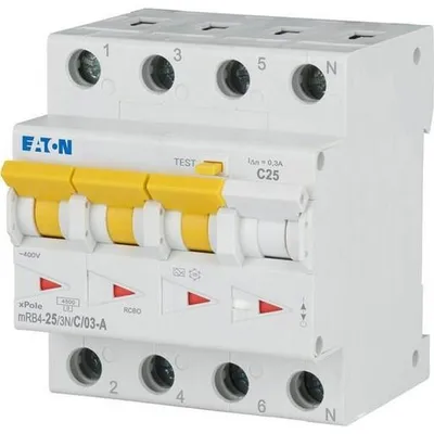 Immagine prodotto di Combinazione interruttore differenziale/interruttore automatico Eaton, 25 A, 300 mA, caratteristica dell'interruttore automatico: C, 3fase+N, caratteristica dell'interruttore differenziale: A 120682