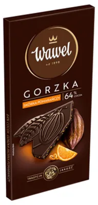Produktbild von Wawel Premium Zartbitterschokolade, 64% Kakaoanteil, mit Orangenzesten, 90g