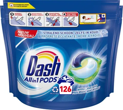 Produktbild von Dash All-in-1-Waschmittelkapseln – Waschkapseln – weißer als weiß – Vorteilspack 3 x 42 Waschgänge