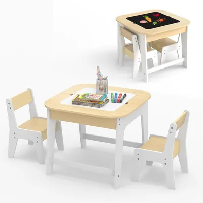 Produktbild von GOPLUS 3tlg. Kindersitzgruppe, Kindertisch mit 2 Stühlen, Kindermöbel Set mit Abnehmbarer Tischplatte & Stauraum, Maltisch mit Tafel & Whiteboard für Kinderzimmer