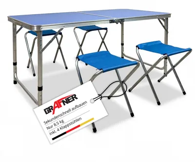 Produktbild von Grafner Campingtisch Sitzgarnitur klappbar Aluminium 120x60x70cm, 5 tlg. Set mit Tisch und 4 Stühlen, höhenverstellbar, stabil und tragbar, Camping Sitzgruppe Klapptisch Alu Mehrzwecktisch Picknick