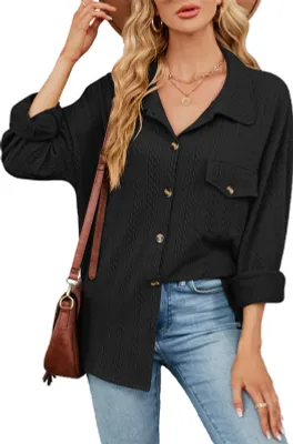Produktbild von ASKSA Damen Bluse Langarm Musselin Einfarbig Revers Knoepfen Hemd Elegant Casual Locker Hemdbluse mit Taschen (Schwarz,M)