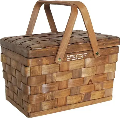 Produktbild von Handgefertigter Spielzeug- und Picknickkorb aus Holzspänen mit Schwinggriffen und Deckel