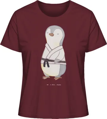 Produktbild von Mr. & Mrs. Panda Damen Kurzarmshirt Pinguin Karate Größe XL - Burgundy - Geschenk, Baumwoll T-Shirt, Oberteil, Kampfkunst, Kampfsportart, Basic Shirt, Verein