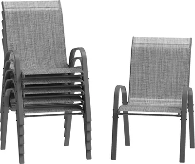 Image de Chaises de jardin d'extérieur - Lot de 6 chaises de jardin empilables en toile Teslin et structure acier - Dossier haut - Gris