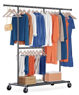 Image de Porte-vêtements sur roulettes, supportant jusqu'à 150 kg, avec étagères, en acier chromé, de couleur noire