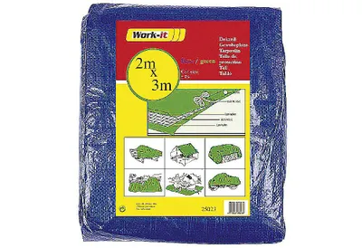 The image shows the packaging of a blue and green tarp. The packaging has product information and illustrations of its uses.