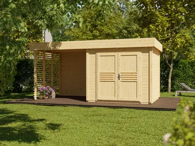 Produktbild von Gartenhaus Livo 2 28 mm naturbelassen mit 264 cm Anbau