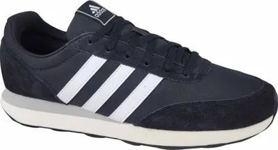 A side view of a black Adidas running shoe with white stripes.