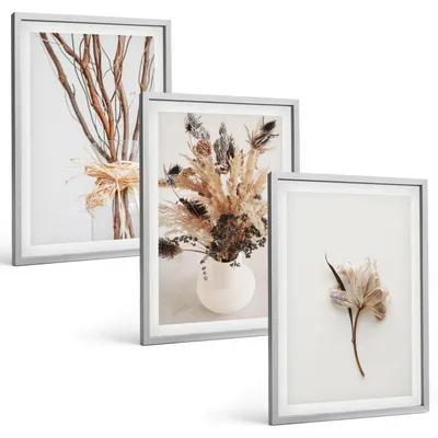 Produktbild von Bilder Set 3-teilig im silbergerahmten Rahmen – Wandbilder 3 Stück – gerahmte Poster für Wohnzimmer, Schlafzimmer und Flur – 40x60 cm – minimalistische Blumenzweige