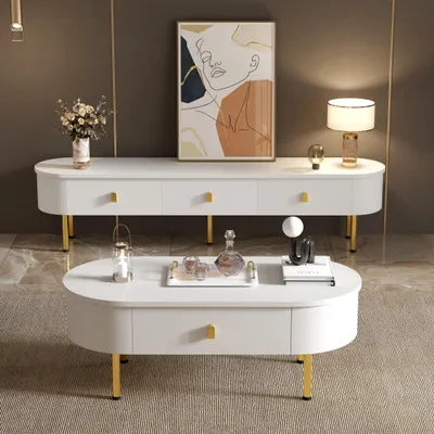Zdjęcie produktu dla Stolik kawowy - stolik do salonu - zestaw 2 sztuk - 2 szuflady - prostokątny - 108 x 50 x 40 cm - biały