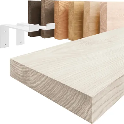 Image de LAMO Manufaktur Étagère murale avec supports en Z blancs | Etagere 40 cm largeur pour salle de bain, couloir, cuisine style industriel | Couleur: blanc, Bord: droit | Qualité artisanale, bois massif