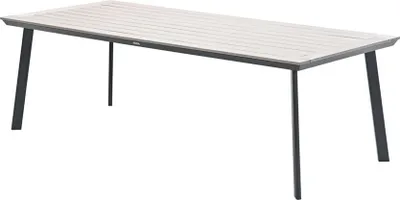 A rectangular outdoor table with a slatted top and dark metal legs, shown against a white background.