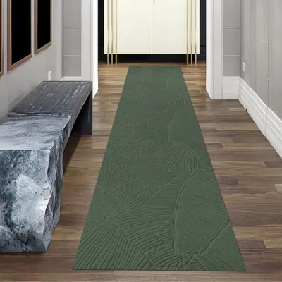 Zdjęcie produktu dla Przytulny dywan z pięknym wzorem liści w kolorze zielonym Rozmiar - 80 x 300 cm